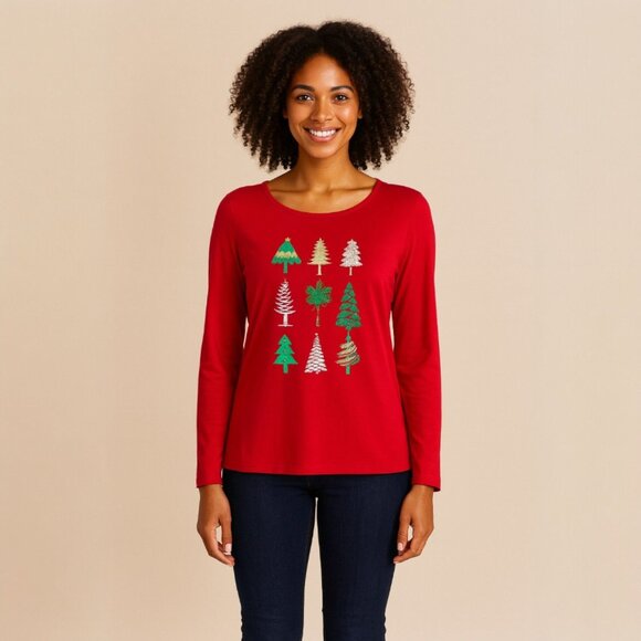 Holiday Lane Christmas Tree Red Long Sleeve Top Petites XL Cozy Wintercore - Picture 4 of 10